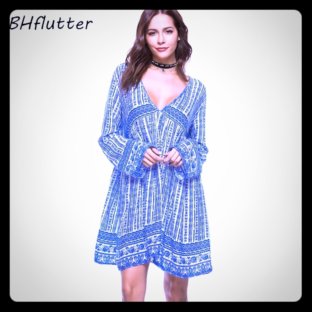 White/Blue Stripe Gauze Tribal Print Boho Mini Dre